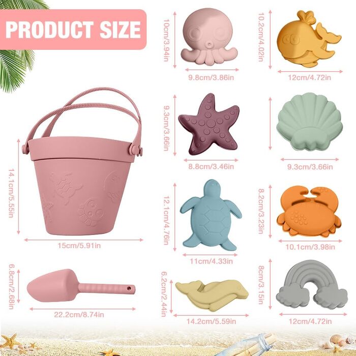 Silicone Sand Toy Set, 10-Piece Silicone Beach Toy Set, Beach Toys for Kids, with Bucket, Shovels, and 8 Sand Molds (Sea Creatures), for Boys and Girls