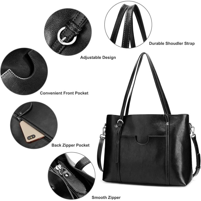 Сумка жіноча S-ZONE 3 в 1 з натуральної шкіри: шопер, сумка через плече, для ноутбука, робоча (Чорна)