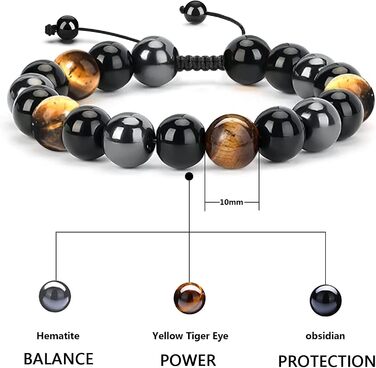 Браслет з тигровим оком, чорним турмаліном, обсидіаном та гематитом - захист, подарунок для друзів, чоловіка, батька