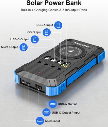Сонячний повербанк 26800 mAh з 4 кабелями, швидка зарядка USB-C, Qi бездротова зарядка, LED ліхтарик - для телефонів, планшетів, кемпінгу (Синій)