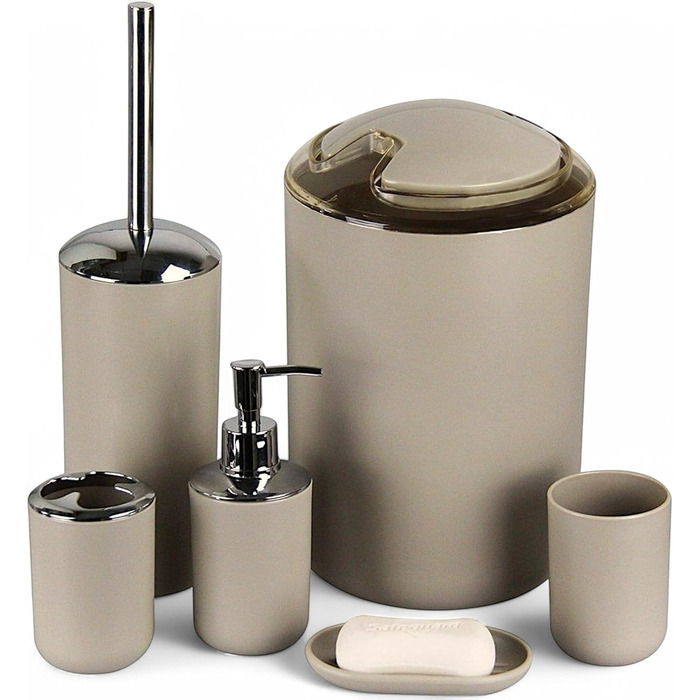 Набір аксесуарів для ванної кімнати 6tlg Badset: мильниця, стакан для зубних щіток, контейнер для косметики, щітка для унітазу з тримачем, мильниця, сміттєвий бак, тримач для зубних щіток, повна ванна кімната (бежевий дизайн 3)