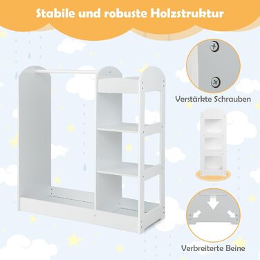 Дитяча шафа Dreamade з дзеркалом та штангою для одягу, 4 відкриті полиці, 93,5x38x100 см (Біла)