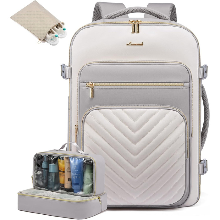 Рюкзак LOVEVOOK 40L для ручної поклажі в літак, жіночий, водонепроникний, з відділенням для ноутбука 17 дюймів, підходить для Easyjet, для подорожей, роботи, хайкінгу, оливково-бежевий (17.3 дюйми, світло-сіро-бежевий)