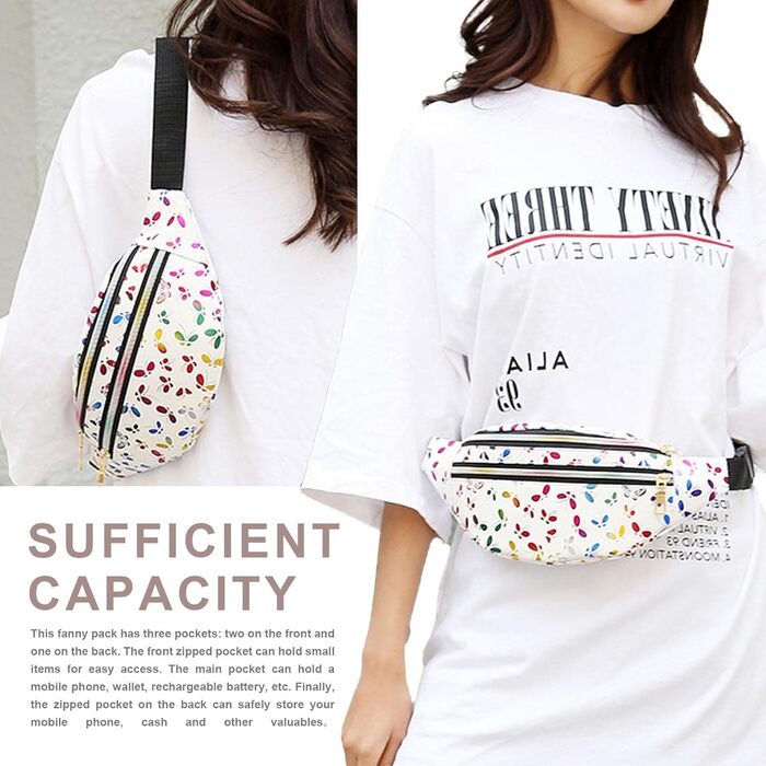 Металева поясна сумка AYNKH з регульованим ремінцем, три відділення, водонепроникна фанна-пак для відпочинку, спорту, подорожей (Білий метелик)