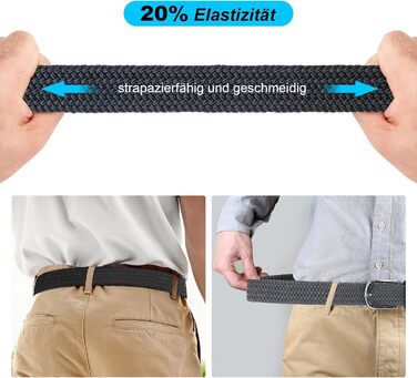 Плетені чоловічі ремені 3 шт., унісекс, еластичні пояси з тканини для чоловіків та жінок. Зручні для повсякденного носіння, міцні, довжина 130 см, чорний+синій+сірий