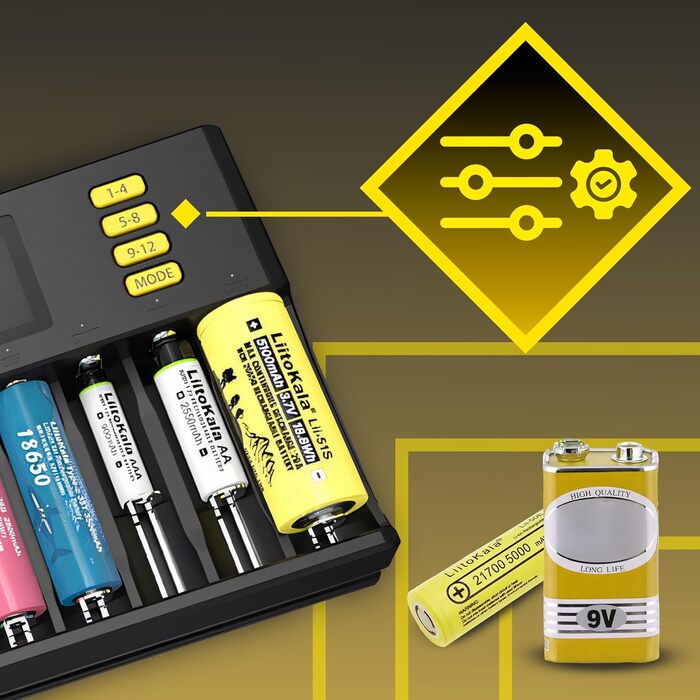 Зарядний пристрій Retoo для акумуляторів AA, AAA, 9V NI-MH/NI-CD, Li-ion 3.70V/3.80V, LiFePO4 3.20V, 12 слотів, швидка зарядка з LCD дисплеєм, чорний