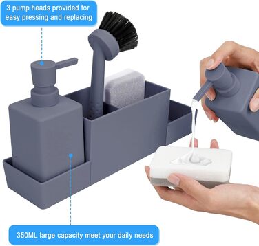 CAUTIOUS 350ml Sink Organizer with Brush, Soap Dispenser Sponge Kitchen Dish Soap Dispenser Set Made of Plastic, Sink Organizer with Two Soap Dispensers, Kitchen Gadget Organizer (gray)