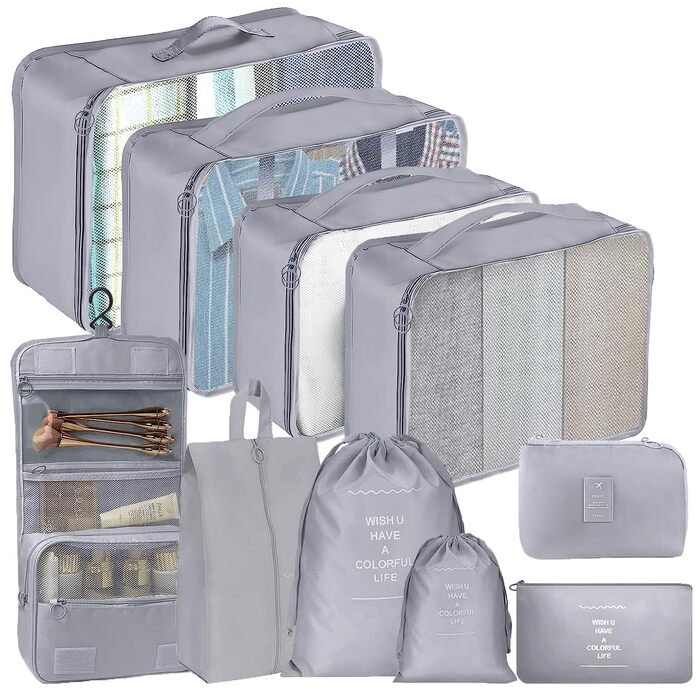 Органайзер для валізи 10 шт. Set, Packing Cubes для одягу, Travel Organizer, Набір для подорожей, Сітка для валізи (Сірий)