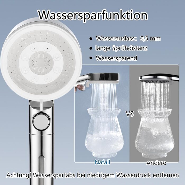 Fall Shower Head with Filter - High-Pressure Handheld Shower with 1.5M Hose, Shower Head with 5 Spray Patterns and Stop Function, Shower Head with Hose, Chrome (Chrome and White)