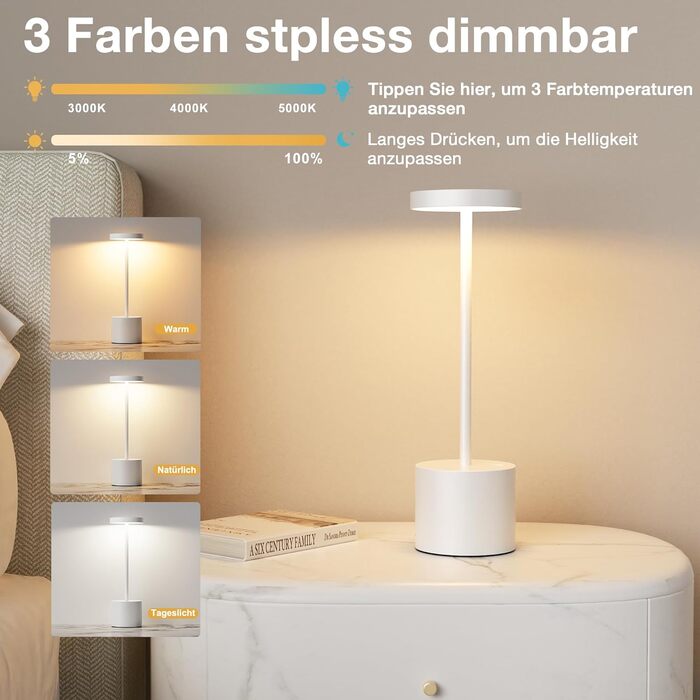 LED настільна лампа бездротова, акумуляторна, сенсорна, регульована яскравість, 3 режими кольору, для спальні, кафе, чорного кольору, 1 шт.