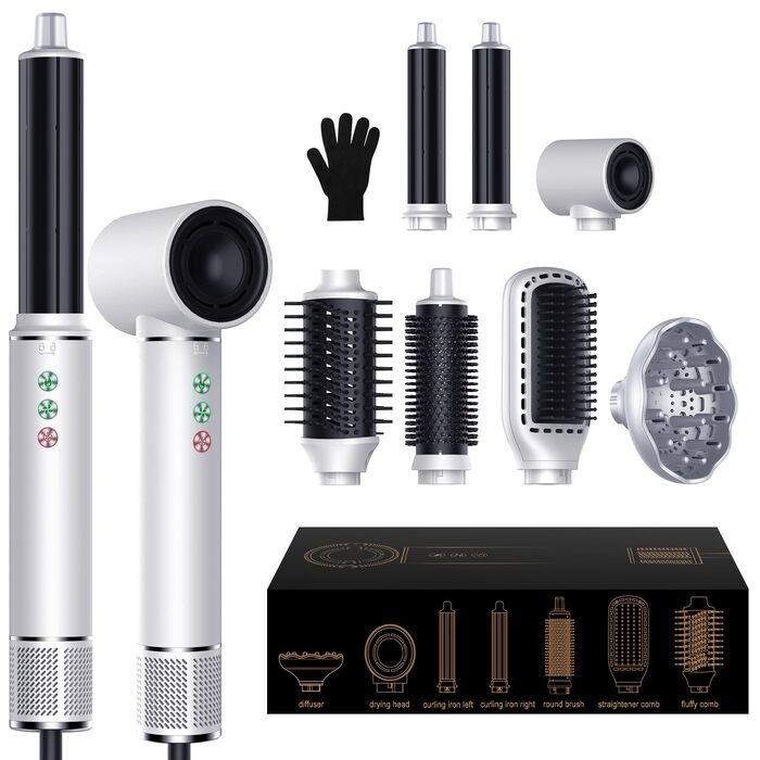 OKWRAP Hair Styler Set 7 в 1: Airstyler, фен, плойка, щітка, іонізатор, 110000 об/хв, білий, для створення зачісок