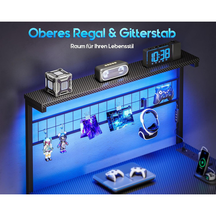 Ігровий стіл Coleshome з LED-підсвічуванням, 130 x 100 см. Реверсивний стіл з шухлядами та розетками, кутовий стіл з полицею та місцем для зберігання. Колір: вуглецеве волокно, чорний