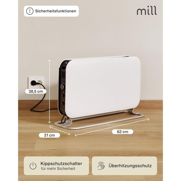 Електричний конвекторний обігрівач Mill MEC 2000W - 24-28 м², білий, з термостатом