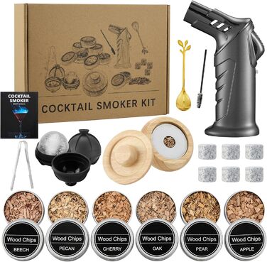 Набір для димування коктейлів та віскі – 6 видів деревини, ліхтарик, генератор диму (без бутану) – покращений нагрівач, 2 форми для льоду, 6 гранітних каменів