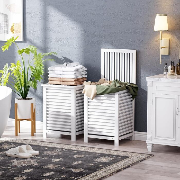 Великий білий кошик для білизни з бамбука SMIBUY з кришкою для зберігання одягу, іграшок та рушників