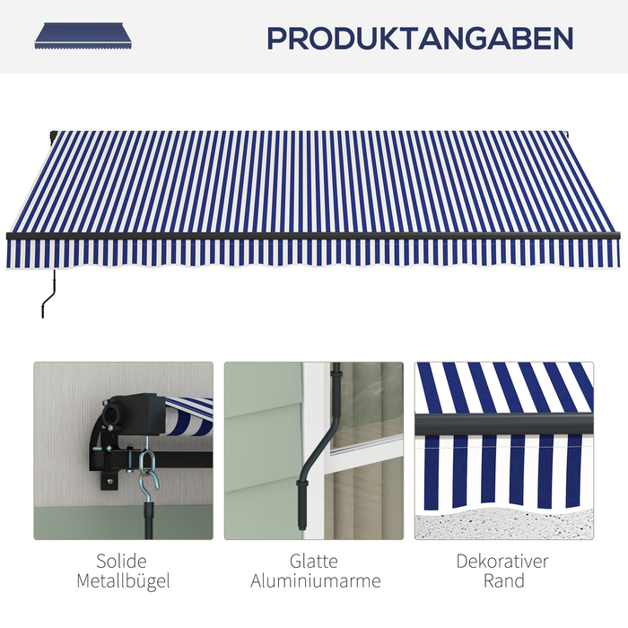 Outsunny Awning 4x3m Wall Mount Balcony Awning with Hand Crank, Sun Protection, Aluminum, Blue+White | Aosom