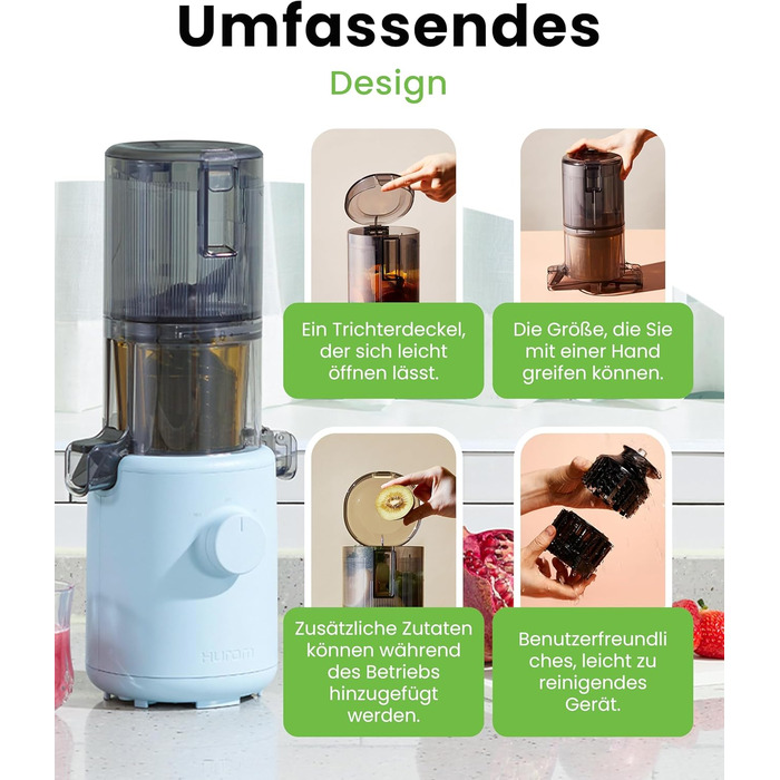Hurom Slow Juicer | Vegetable and Fruit Juicer | H310 | Easy to Clean & Quiet Motor Electric Juicer with Strainer Filter | 150 Watt | BPA Free | Slim Design | 220ml, Sky Blue