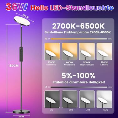 LED-підлогова лампа для вітальні з регулюванням яскравості та RGB-підсвічуванням, 42W, 4200LM, з читацькою лампою та пультом дистанційного керування