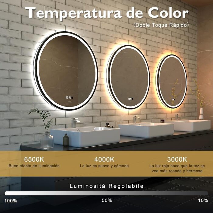 LED дзеркало з сенсором, круглий, індукційне, для макіяжу, з підсвічуванням, регульоване, антизапарник, IP44, вологостійке, настінне, 60 см