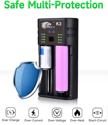 Зарядний пристрій IMREN 18650 з 4 слотами, 2A, USB-C, для акумуляторів 18350, 14500, 14650, 17500, 18700, 20700, 21700, 22650, 26650, 1.2V NI-MH/NI-Cd AA AAA C