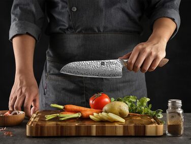 Японський кухонний ніж XINZUO Santoku з дамаської сталі (AUS-10) - професійний ніж шеф-кухаря з чорним дерев'яним руків'ям з горіха