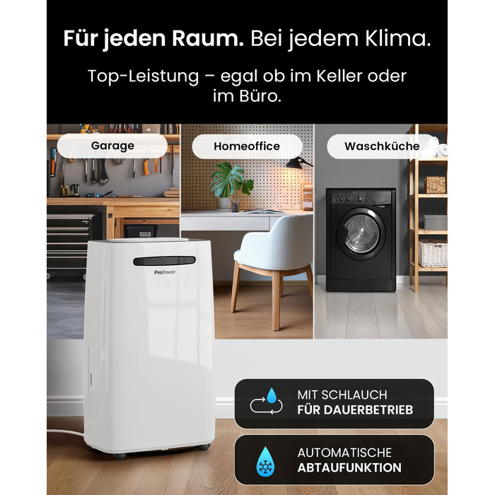 Про Breeze - відбійник повітря 20 л/24 год. Підходить для приміщень до 30 м². 4 режими роботи, цифровий дисплей, шланг для зливу, функція сушіння білизни, таймер. Захист від вологи та плісняви.