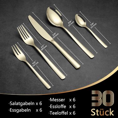 Champagne cutlery set, 30 pieces, shiny champagne-colored cutlery for 6 people, made of high-quality stainless steel, including knives, forks, and spoons, suitable for kitchens, hotels, and restaurants, dishwasher safe.