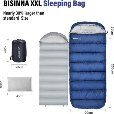 Спальний мішок BISINNA XXL для великих дорослих, 3-4 сезонний, зимовий, теплий, для кемпінгу, блакитний, ліва блискавка, 2.5 кг