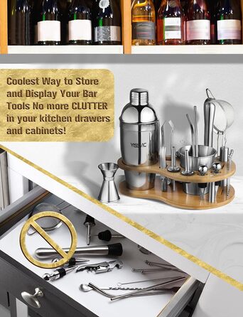 Набір для коктейлів YISSVIC 22 частини: шейкер, мірні склянки, ложка, наливник, підставка з бамбука. Подарунок для професіоналів та початківців