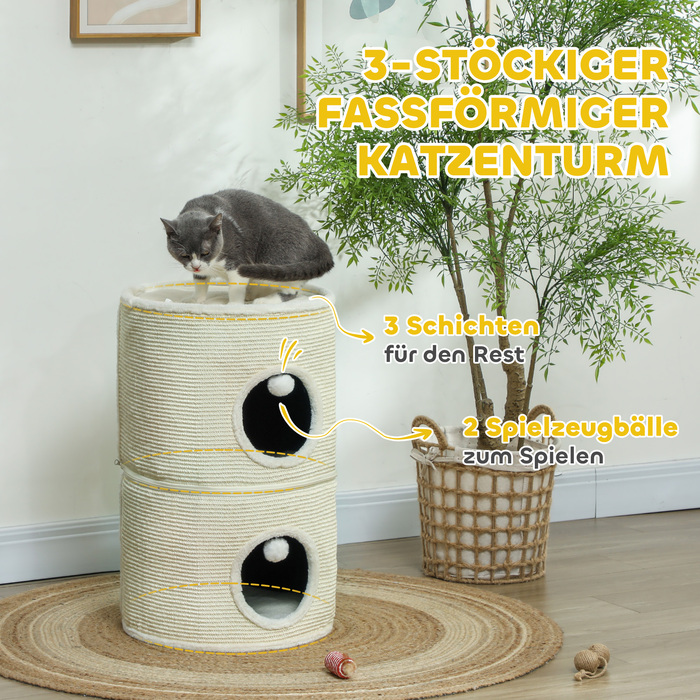 PawHut Драбина для котів, 69 см у висоту, котячий будиночок з 2 печерами, ігральцею, роздільна котяча драбина, котяча вежа для котів до 5 кг, кремово-білий | Aosom