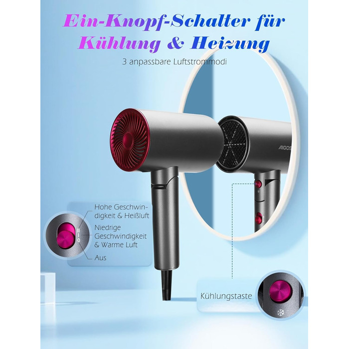 Aigostar Фен для подорожей 2100W з складною ручкою, сірий, з захистом від перегріву, з сумкою