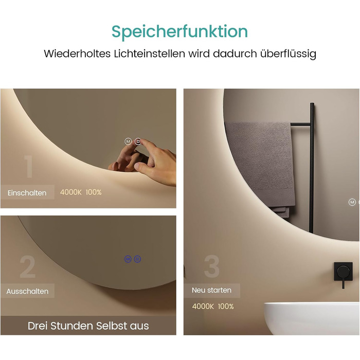 Дзеркало для ванної кімнати EMKE круглої форми з підсвічуванням 80 см - кругле дзеркало з 3 кольорами світла, регулюванням яскравості, сенсорним управлінням, функцією пам'яті та енергозбереженням. Розміри: 80 см x 80 см