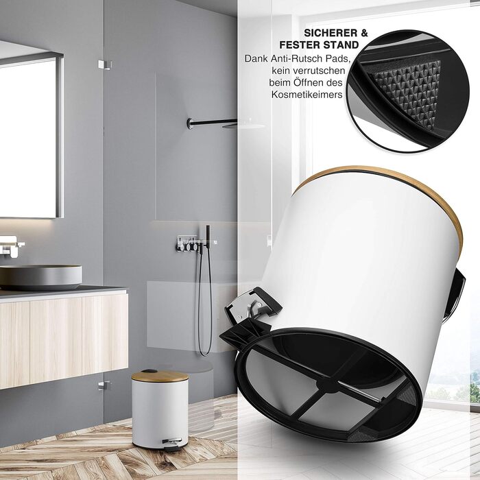 Смітник для косметики VMbathrooms з педаллю та бамбуковою кришкою, Soft-Close, 5 л, білий — для ванної кімнати та туалету