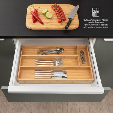 Органайзер для столових приборів Blumtal з бамбука, розсувний, 5-7 відділень, для кухонних шухляд (49x27 см, сумісний з IKEA Maximera)