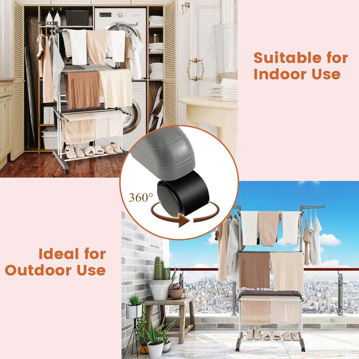 Сушарка для білизни HOMASIS з 4 рівнями, розкладна, на коліщатках та з боковими крилами, 127x63x171 см, сіра