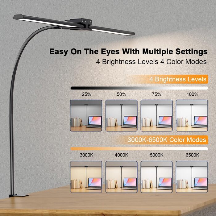 LED настільна лампа EppieBasic 24W з диммуванням, 80 см, кріпленням, захистом очей, регульованим шийним механізмом, таймером, чорного кольору