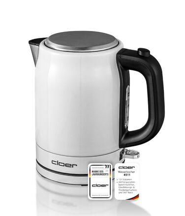 Електричний чайник Cloer 4511 з нержавіючої сталі, 2200 Вт, білий, 1 літр