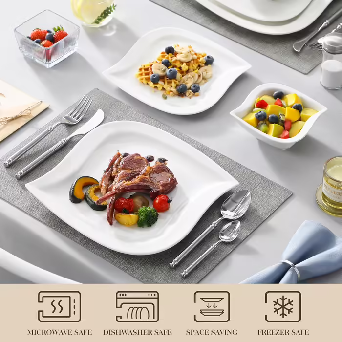 MALACASA, Elvira Series, 18-Piece Cream White Porcelain Dinnerware Set Table Service Combination Service with 6 Dinner Plates, 6 Dessert Plates, 6 Cereal Bowls each, Dinnerware Set for 6 People Elvira - Cream White 18 Pieces