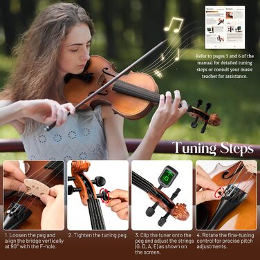 Скрипка CAHAYA з масиву дерева 4/4 матова, ручної роботи: повний набір для початківців, дорослих, учнів та дітей 12 років - скрипка з масиву дерева, футляр, підставка для плеча, тюнер, колінь