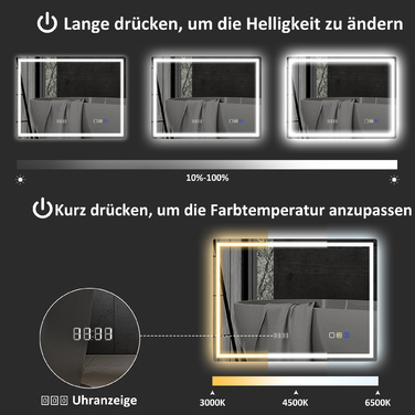 Дзеркало для ванної кімнати HOMCOM з підсвіткою 80x60 см, LED, з Bluetooth, функцією пам'яті, годинником, 3 кольорами світла, запобігає запотіванню, сенсорне управління, сріблястий | Aosom