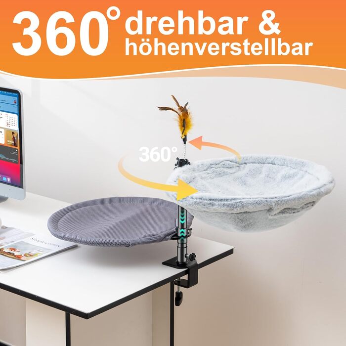 Крісло-гамак для котів Uross - 360° обертання та регулювання висоти, м'яке, з 2 знімними чохлами, для дому та офісу, цілорічне використання (двошарове, сіре)