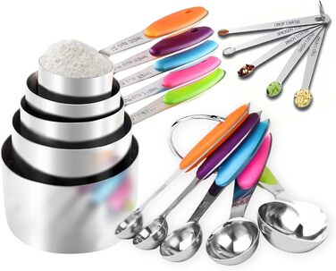 Stainless steel measuring cups and spoons, set of 15 measuring cups, 5 measuring spoons, and 5 small spoons, nesting metal measuring cup set with colorful silicone handles for cooking and baking