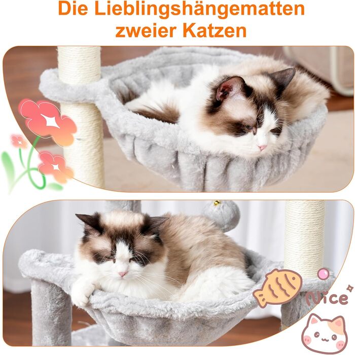 Котячий будиночок Heybly Kratzbaum: висота 100 см, котячий комплекс з платформою, печерею, 2 гамаками та іграшками. Активний котячий будиночок HCT006SG (світло-сірий)