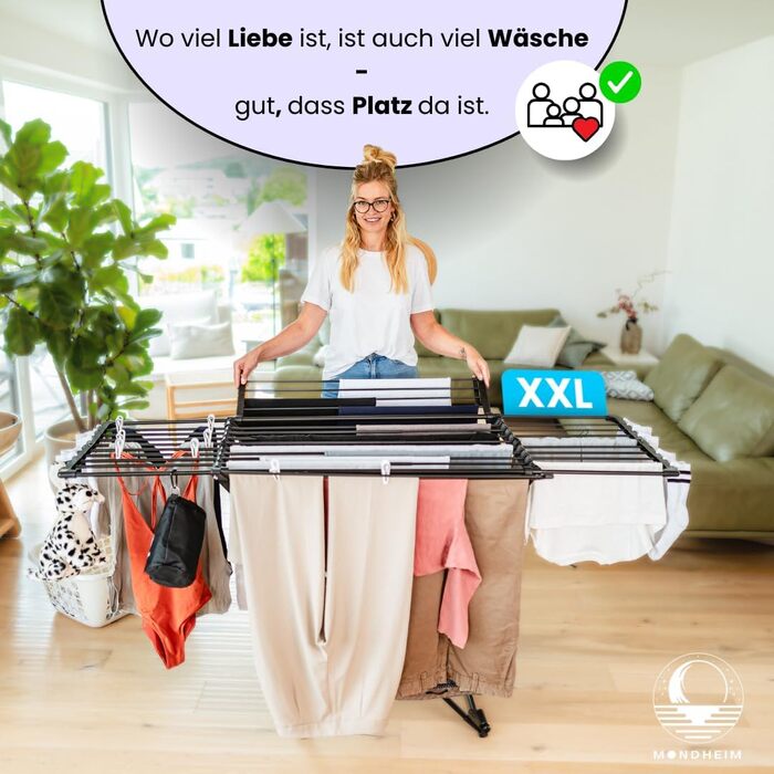 MONDHEIM® Сушарка для білизни XXL, 26 м довжини, чорна, знімний поперечина, для балкону/тераси