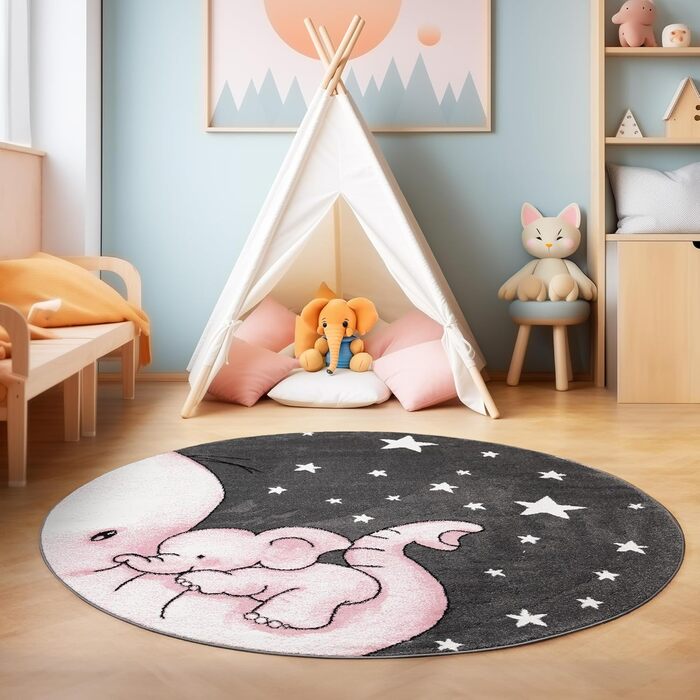 Дитячий килим круглий Elefant, короткий ворс, блакитно-сірий 120 см. Килим для дівчаток та хлопчиків в дитячу кімнату. Гіпоалергенний, м'який килим для ігор.
