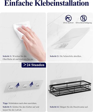 Набір душових поличок Kitsure (3 шт.) без свердління, нержавіюча сталь, чорний, великий (W 30 см)