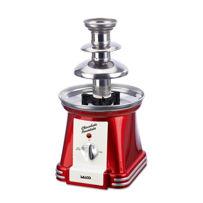 Шоколадний фонтан Salco | 3-рівневий | Ретро-дизайн | Нержавіюча сталь | 90 Вт | Для фруктів, печива та іншого | Легке очищення | Металік-червоний