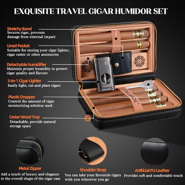 Чохол для сигар, переносний шкіряний гумодор, з запальничкою, вміщує до 6 сигар, чудовий подарунок для чоловіків (без сигар), чорний