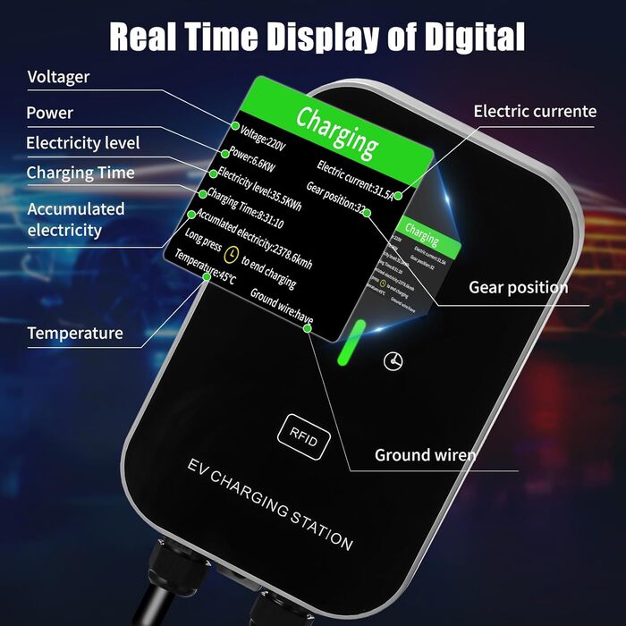 Кабель для зарядки електромобіля Schuko, 3.5kW, 6-16A з цифровим дисплеєм, для Tesla Model 3/Y, Peugeot 3008/508, Citroen C5X, DS7, GLA, Q3, X3 (22kW 32A)