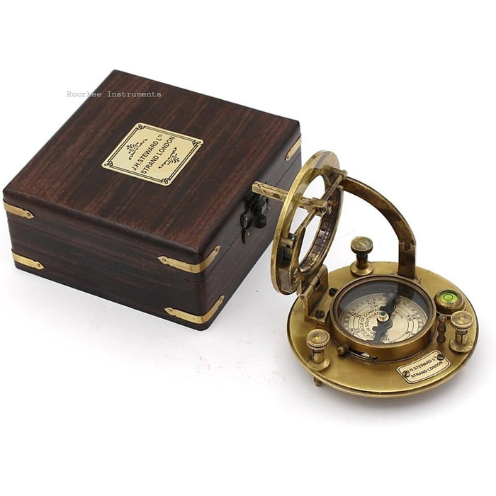 Roorkee Instruments India Best Presents for Sailors/Vintage Brass Compass with Wooden Box/J.H. Steward Directional Magnet Compass for Navigation, Sundial, Pocket Compass for Camping, Hiking, Touring